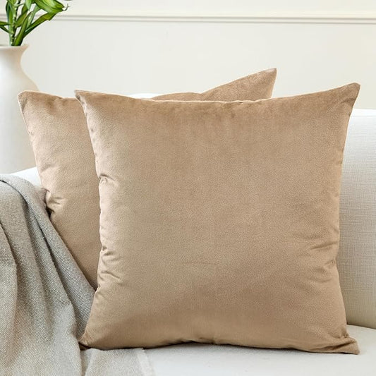 Encasa XO Velvet Throw Pillow Covers 18x18 in (45x45 cm) - Beige - Set of 2 No Inserts, Only Pack of 2 Cases | Soft Square Decorative Euro Shams Cushion Cover for Couch, Sofa