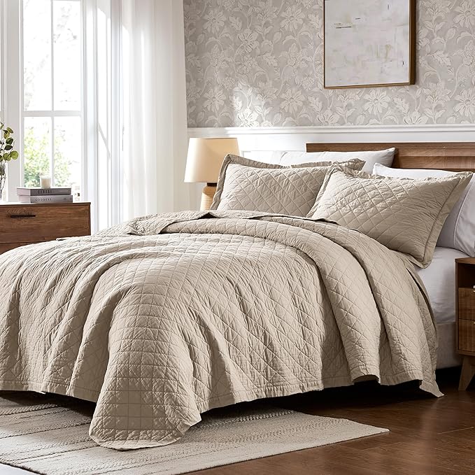 WDCOZY 100% Pre-Washed Cotton Queen Size Quilt Set - Beige Neutral Ruffle Box Soft Lightweight Bedspread, Textured Like Linen, Farmhouse Country Rustic Coverlet, Shabby Chic Gauze Bedding, 3 Pieces