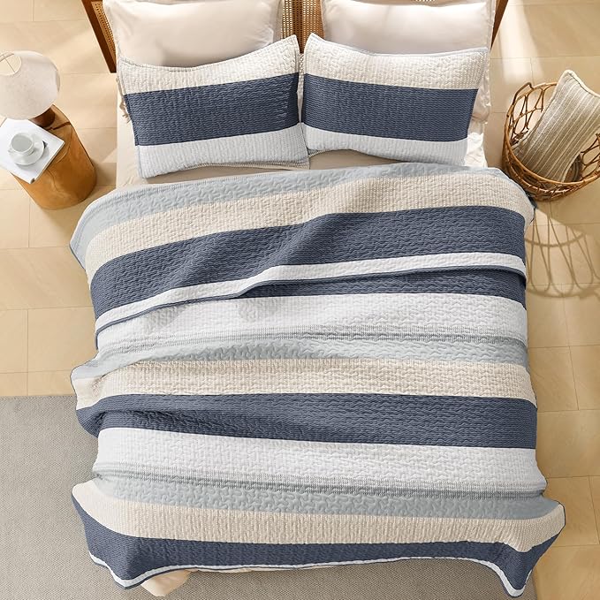 Litanika California King Quilt Set Blue and Yellow - Cal King Oversized Stripe Comforter Bedspreads & Coverlets - Soft Lightweight Quilted Bedding Set for All Season(1 Quilt, 2 Pillowcases)