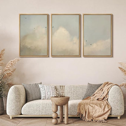 MUDECOR Framed Wall Art Print Set Minimalist Serene Sky with Birds Illustrations Modern Art Boho Decorative Colorful Chic for Living Room, Bedroom, Office - 16"x24"x3 Natural