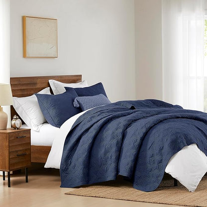 WDCOZY 100% Cotton Oversized King Quilt Set - Navy Blue California Cal King Size Soft Lightweight Modern Bedspread, Farmhouse Country Rustic Coverlet, Textured Like Linen, Shabby Chic Bedding
