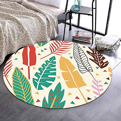 Medieval Round Rug, 4ft, Palm Leafy Simple Rug, Soft Non-Slip Machine Washable Round Rug, Bohemian Round Bath Mat for Living Room Bedroom Bedside Bathroom Entrance Mat