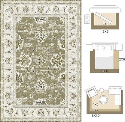 Tangsoo Floral Area Rug 8x10 Washable Vintage Carpet, Non-Slip Low Pile Large Rug for Living Room, Bedroom, Dining Room, Farmhouse, Kids Room Soft Distressed Boho Accent Rug for Home Décor