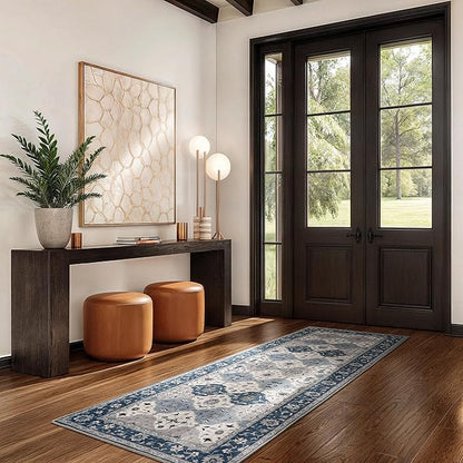 Lessymo Washable Hallway Runner Rug 2x6, Moroccan Faux Wool Runner Rugs Non Slip for Kitchen Entryway Laundry Room Bedroom, Low Pile Multicolor Oriental Rug, Kid & Pet Friendly, Muted Blue and Gray