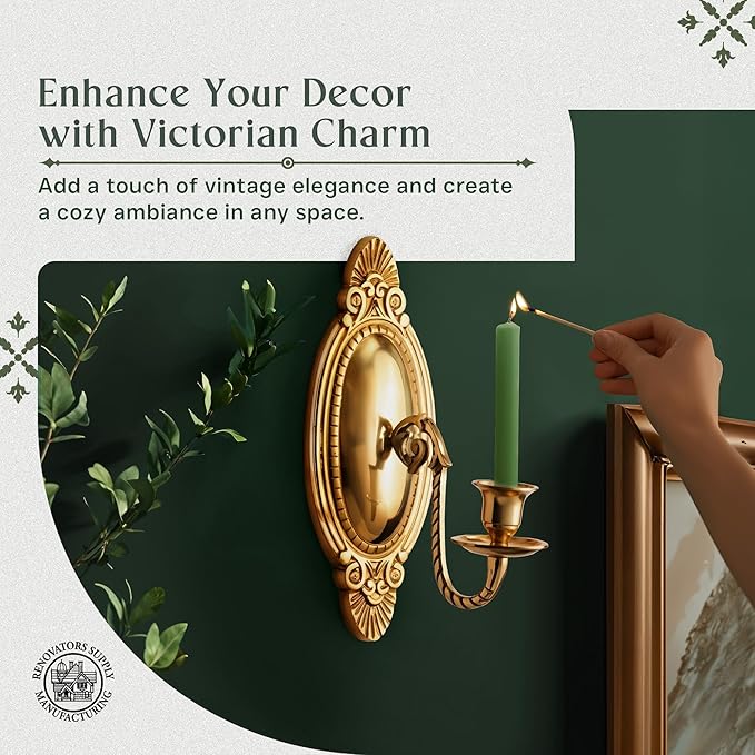 Solid Brass Wall Sconce Candle Holder 9 1/8 Inches H Victorian Vintage Style Decorative Candlestick Holders with Mounting Hardware Antique Wall Mounted Art | Renovators Supply Manufacturing