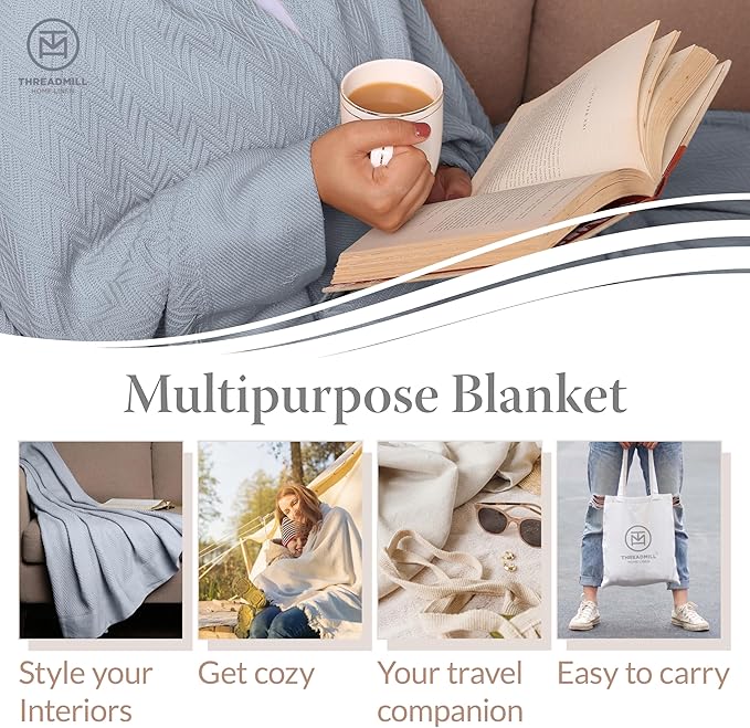 Threadmill Luxury Cotton Blankets for Queen Size Bed | All-Season 100% Cotton Queen Size Blanket | Herringbone Cozy, Soft Breathable Fall Thermal Blanket fits Full Size Bed | Scottish Grey