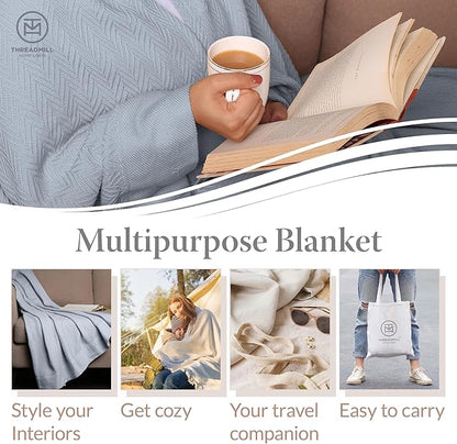 Threadmill Luxury Cotton Blankets for Queen Size Bed | All-Season 100% Cotton Queen Size Blanket | Herringbone Cozy, Soft Breathable Fall Thermal Blanket fits Full Size Bed | Scottish Grey