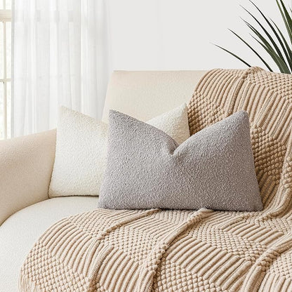 Foindtower Textured Boucle Throw Pillow Covers Accent Solid Lumbar Pillow Cases Cozy Soft Decorative Couch Cushion Case for Chair Sofa Bedroom Living Room Home Decor, 12 x 20 Inch,Neutral Grey