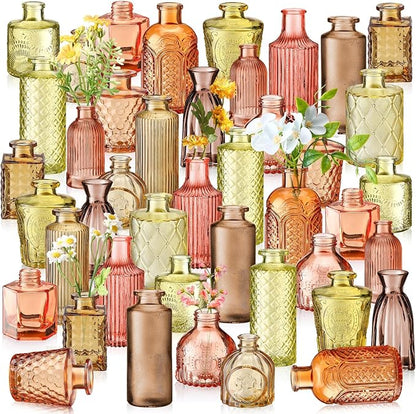 Yaomiao 60 Pcs Vases Bulk Colored Flower Glass Vases Bud Vintage Colored Glass Bottles Colorful Rustic Embossed for Home Wedding Table Decorations Gifts (Orange Yellow Series)