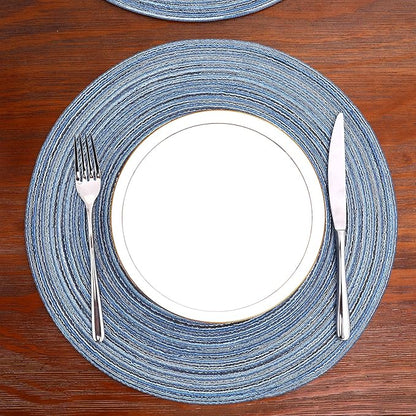 SHACOS Round Braided Placemats Set of 4 Dining Table Placemats 15 inch Circle Place Mats Easy to Clean Table Mats Indoor Outdoor, Blue Gray