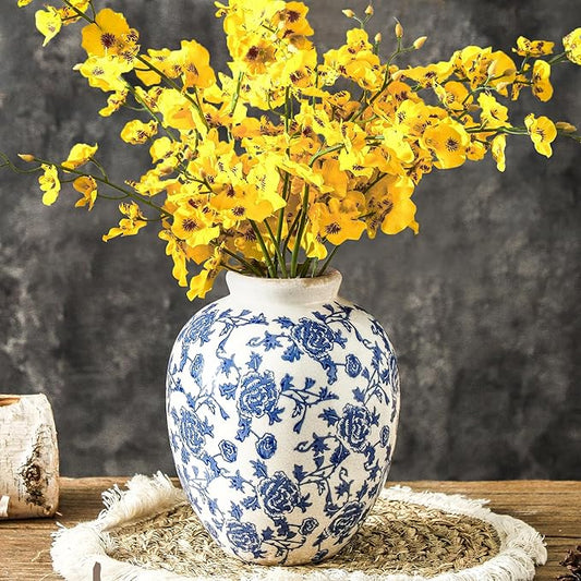 Ceramic Flower Vase, Blue and White Vintage Decorative Vase Chinoiserie Decor Rustic Farmhouse Retro Floral Vases for Table Bookshelf Mantel Kitchen Living Room Office - 7.8inch Blue