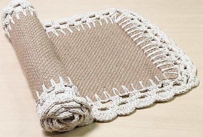 Chardin Home Woven Jute with Ivory Handcrafted Crochet Border Decorative Table Runner, 13x36 Inch, Artisanally Crafted Rustic Farmhouse Table Topper, Perfect for Tables