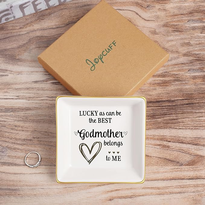 JoycuFF Godmother Gifts Birthday Thanksgiving Day Christmas CeramicTrinket Tray Decorative Ring Holder Unique Gifts for Women Jewelry Trinkets for Home Decor