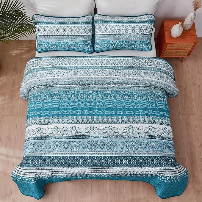 WONGS BEDDING Boho Queen Quilt Set, Teal and Blue Bohemian Quilt Bedding Set, Lightweight Bed Decor Bedspread for All Season Reversible Microfiber Coverlet Bedding Set 96"x90"(3 Pieces)