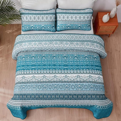 WONGS BEDDING Boho Queen Quilt Set, Teal and Blue Bohemian Quilt Bedding Set, Lightweight Bed Decor Bedspread for All Season Reversible Microfiber Coverlet Bedding Set 96"x90"(3 Pieces)