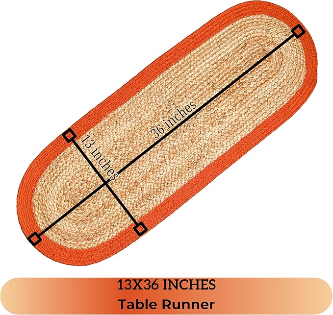 CHARDIN HOME Verona Oval Woven Jute & Cotton Braided Table Runner, Size -13 x 36 Inches, Color - Natural Jute with Rust Orange Border Thanksgiving Table Decor
