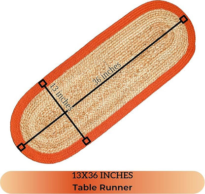 CHARDIN HOME Verona Oval Woven Jute & Cotton Braided Table Runner, Size -13 x 36 Inches, Color - Natural Jute with Rust Orange Border Thanksgiving Table Decor