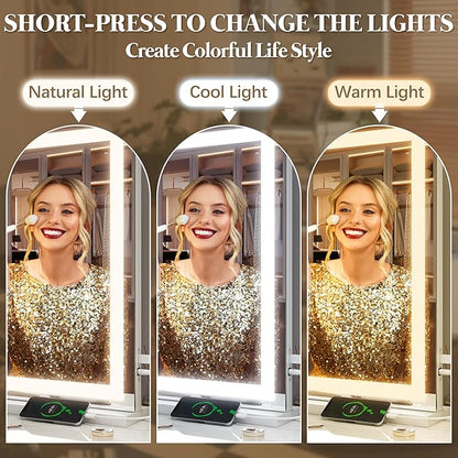 FENNIO Vanity Mirror with Lights 32"x22", Lighted Makeup Mirror, Large Vanity Mirror, Touch Sensor with 3-Color Lighting, USB Charging Port for Vanity Desk（Square White）