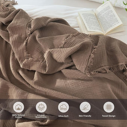 MooMee Muslin Blanket - 100% Cotton 4-Layer Gauze Throw Blanket with Tassels Ultra-Soft Breathable Lightweight Cooling for Bed Couch (Brown,Super King 108" x 98")