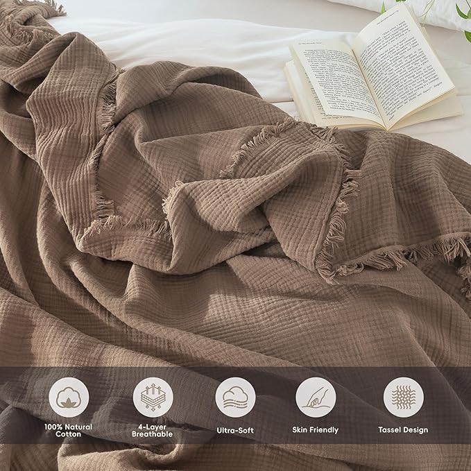 MooMee Muslin Blanket - 100% Cotton 4-Layer Gauze Throw Blanket with All-Around Fringe Ultra-Soft Breathable Lightweight Cooling for Bed Couch (Brown,Twin XL 66" x 90")