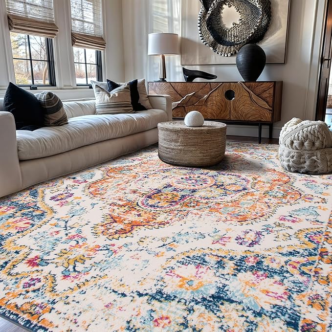 Rugshop Vintage Distressed Bohemian Large Area Rug for Living Room,Bedroom,Dining Room – Vibrant Multi-Color Tribal Design, 9' x 12'