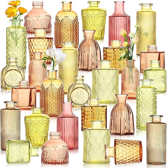 30 Pcs Colored Bud Vase Set,Vintage Glass Vases for Flower Centerpieces Wedding & Party Decor,Home Table Decorations,Bud Vases in Bulk for Housewarming