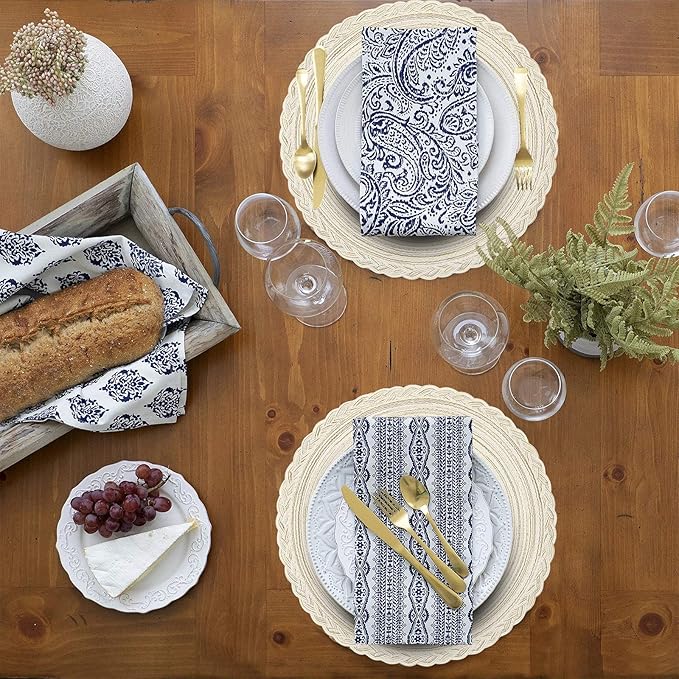 SHACOS Boho Round Placemats Set of 8 Braided Border Round Place Mats 15 inch Washable Dining Table Mats for Home Wedding Holiday Party (Ivory Bordered, 8)