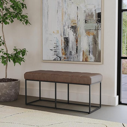 HomePop Theodore Decorative Bench with Metal Base, Brown PU Leather