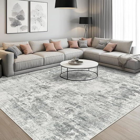 Abstract Rug 8x10 Large Living Room Rugs Neutral Modern Washable Area Rugs for Bedroom Dining Room Non-Slip Stain Resistant Foldable Thin Rug Gray White