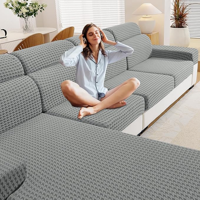 MAXIJIN Couch Cushion Covers for Sectional Sofa, Stretch Sofa Cushion Cover Washable Furniture Protector with Elastic Bottom & Non-Slip Strap for Pets Kids (3PC Seat Cover, Light Gray)