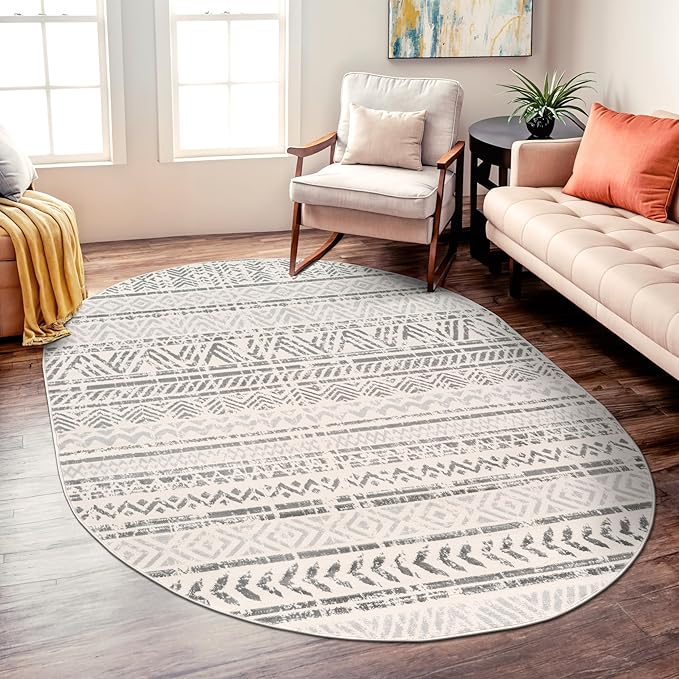 Rugshop Geometric Boho Oval Rug – Gray Tribal Pattern, Perfect for Dining Room, Living Room, 5' x 7' Oval