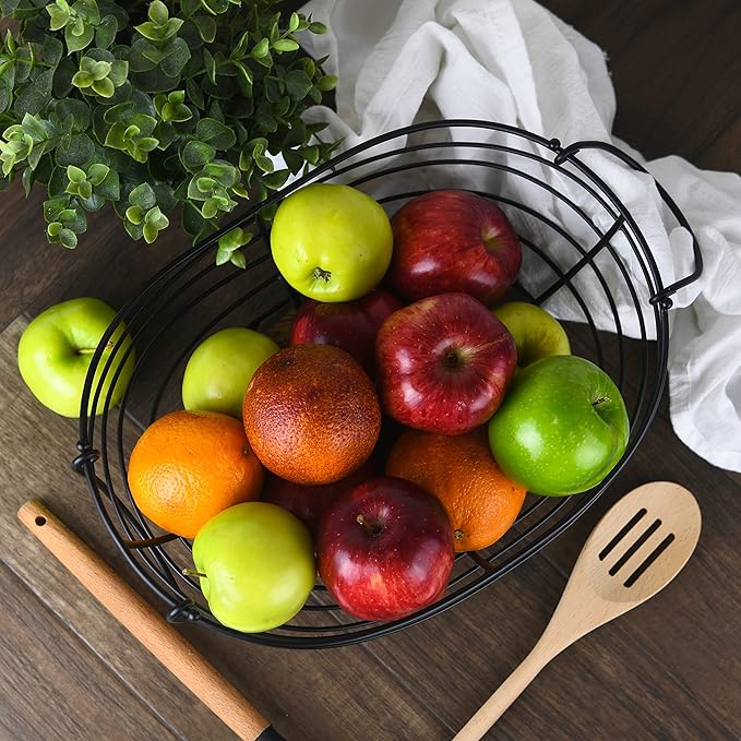 Modern Farmhouse Fruit Basket for Kitchen Counter, Vintage Wire and Wooden Base Fruit Bowl for Kitchen Decor, Fruit & Vegetables Storage Basket/Bowl
