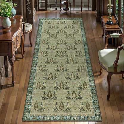Tangsoo 2x6 Washable Runner Rug for Hallways, Non Slip Vintage Boho Green Floral Rug for Entryway Kitchen Laundry, Non Slip Soft Low Pile Indoor Rug for Bedroom Bathroom Beside