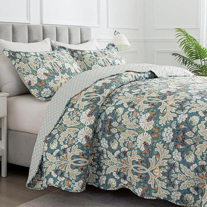 HoneiLife Queen Quilt Bedding Set - Microfiber Quilt Sets for Queen Bed, 3-Piece Lightweight Bedspreads,Reversible Coverlets Rustic Bed Cover, Floral Bedding Set All Season Quilts-Grayish Green