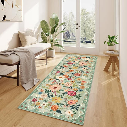 DUKINO 2x6 Kitchen Runner Rug for Hallway, Washable Runner Rug with Non Slip Backing, Low Pile Soft Boho Spring Floral Carpet for Kitchen, Hallway, Entryway, Laundry, Bedroom, Green