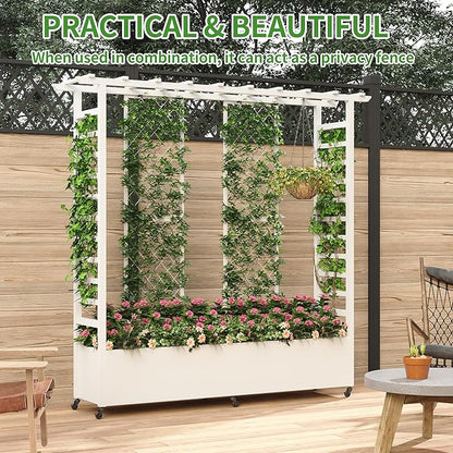 Raised Garden Bed with Trellis & Hanging Roof, Weatherproof Metal Planter Box with Wheels, Garden Arch Trellis for Outdoor Climbing Plants Vines Flowers, 74" H x 77" L x 17" W, White