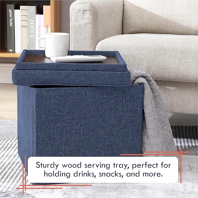 Ornavo Home Square Storage Ottoman Linen Foldable Tufted Cube Storage Ottoman Foot Rest Stool/Seat with Table Top Lid, Coffee Table Ottoman - 15" x 15" x 15" (Navy Blue)