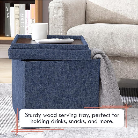 Ornavo Home Square Storage Ottoman Linen Foldable Tufted Cube Storage Ottoman Foot Rest Stool/Seat with Table Top Lid, Coffee Table Ottoman - 15" x 15" x 15" (Navy Blue)