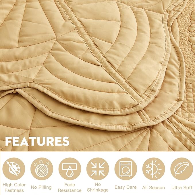 Bedspread - Full Size Bedding Cover - Modern & Contemporary Coverlet Set, Real Stitching, Reversible, Lightweight, 5 Piece, Honey Gold