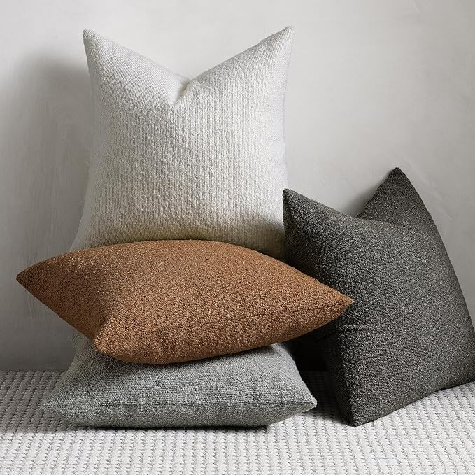 Throw Pillow Covers 20 x 20 Inch Set of 2, Accent Soft Boucle Textured Pillow Cover, Decorative Solid Color Cozy Cushion Pillow Case for Couch Bedroom Sofa Living Room Home Decor, Light Gray