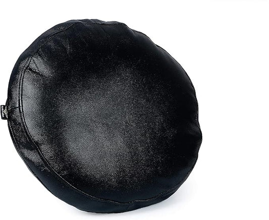 D DOLLY LAMB Lambskin Round Leather Pillow Cover - Sofa Cushion Case - Decorative Circular Cushion Throw Covers for Living Room & Bedroom - Black Grain Diameter 18 Inch