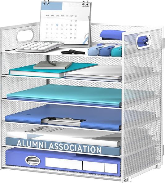 Daltack 6 Tier Paper Organizer for Desk, Paper Letter Tray Organizer for Desks, Mesh Desk File Organizers with Handle for Office, Home, School, White