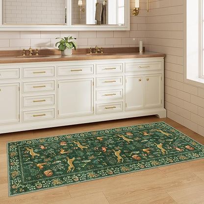 DUKINO 2x5 Rug for Hallway, Washable Kitchen Runner Rug with Non Slip Backing, Soft Low Pile Vintage Animal Runner for Bedroom, Kitchen, Hallway, Entryway, Laundry, Green