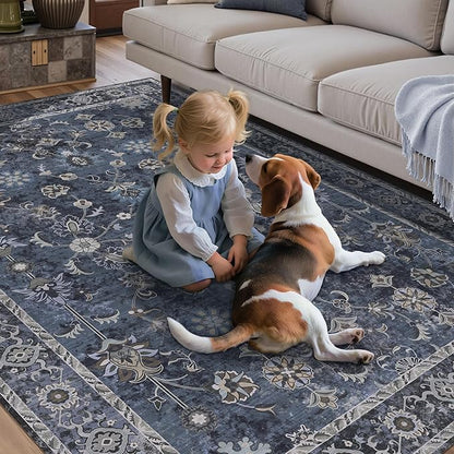 Tangsoo 2.6x10 Washable Runner Rug for Hallway Non Slip, Boho Floral Vintage Carpet Long Runner Rugs for Entryway Kitchen, Floor Low Pile Runners for Laundry Bedroom Alfombra Blue Black Farmhouse