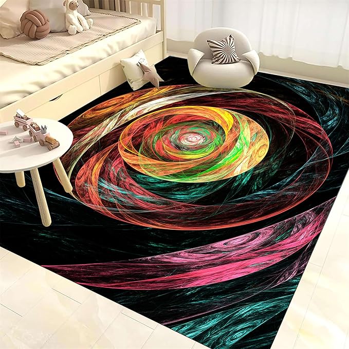 Ultra Soft Living Room Area Rug Non-Slip Washable Foldable Stain Resistant Rug Modern Abstract Art Rug Black Hole Colorful Lines Swirl Indoor Dining Room Bedroom Office Carpet 3x5ft