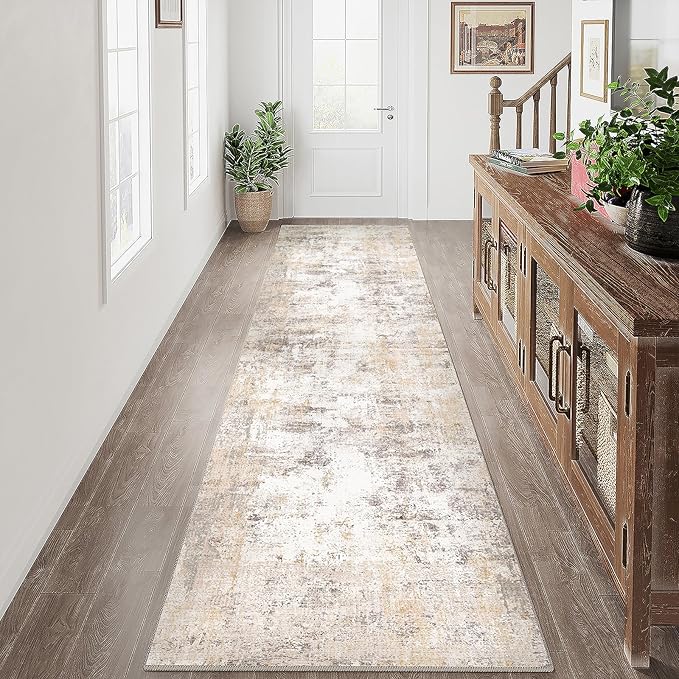 3x14 Washable Runner Rug Beige Grey Abstract Hallway Kitchen Throw Rug Neutral Modern Non Slip Soft Low Pile Carpet for Bathroom Laundry Bedroom Living Room