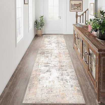 3x14 Washable Runner Rug Beige Grey Abstract Hallway Kitchen Throw Rug Neutral Modern Non Slip Soft Low Pile Carpet for Bathroom Laundry Bedroom Living Room