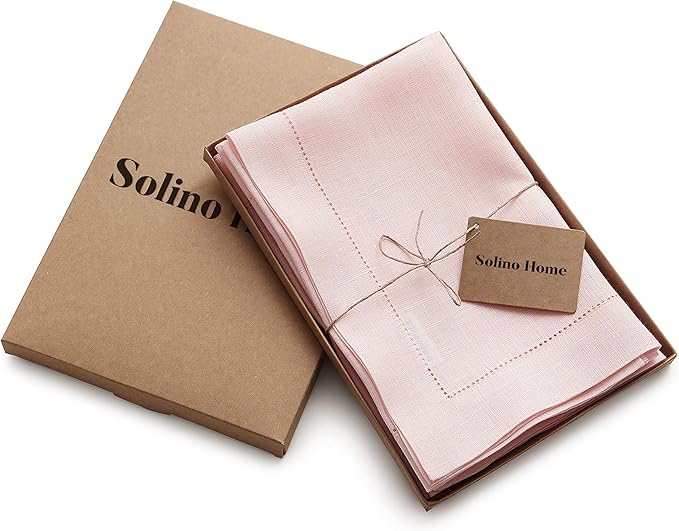 Solino Home Pink Linen Napkins Set of 4-100% Pure Linen Hemstitch Dinner Napkins 20 x 20 Inch for Valentines - Classic Hemstitch