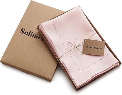 Solino Home Pink Linen Napkins Set of 4-100% Pure Linen Hemstitch Dinner Napkins 20 x 20 Inch for Valentines - Classic Hemstitch