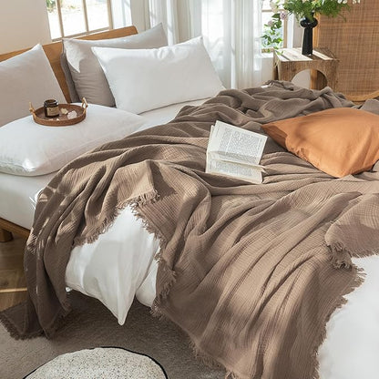 MooMee Muslin Blanket - 100% Cotton 4-Layer Gauze Throw Blanket with Tassels Ultra-Soft Breathable Lightweight Cooling for Bed Couch (Brown,Oversize Queen 98" x 98")